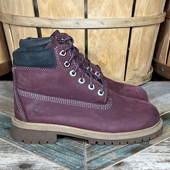Timberland 6-Inch Premium Deep Burgundy Nubuck Waterproof Lace-Up Boots Boys 1 - Picture 1 of 12